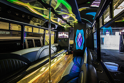 Inside a spacious limo bus